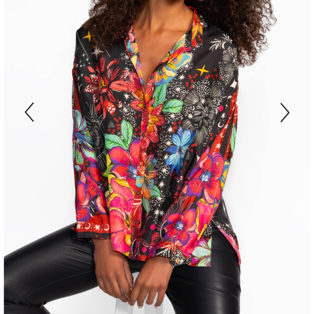 Johnny Was Audrey oversized silk starry night print button up